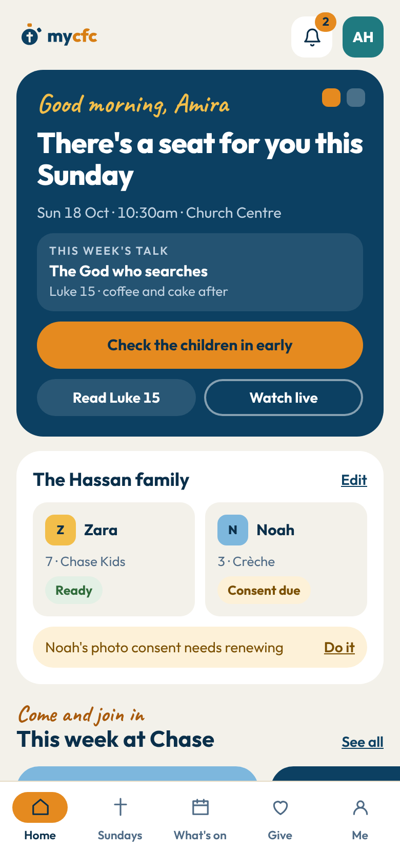 The MyCFC home screen: a Sunday welcome, the family&rsquo;s children ready for check-in, and what&rsquo;s on this week